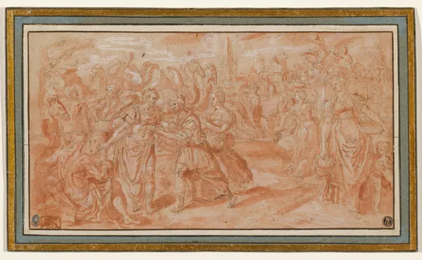 Laban and Rebecca Receiving Eliezer av Maerten De Vos