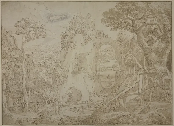 Weite Gebirgs- und Flachlandschaft mit verschiedenen Stationen aus dem Leben eines heiligen Einsiedlers (des Heiligen Antonius) av Maerten De Vos