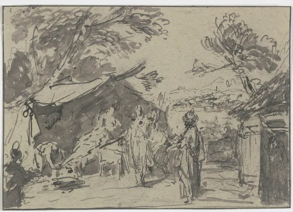 Abraham bewirtet die drei Engel vor seinem Haus av Jacob de Wit
