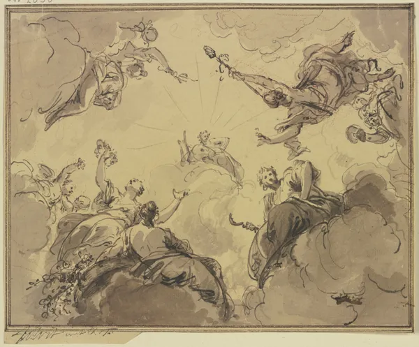Apollo umgeben von Bacchus, Ceres, Flora und anderen Gottheiten av Jacob de Wit