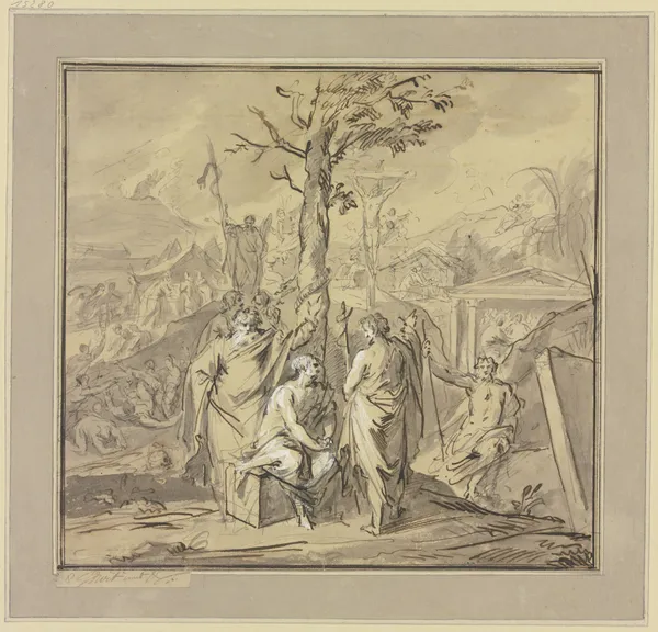 Ein am Baum der Erkenntnis Sitzender erhält Unterweisungen von Moses und Johannes dem Täufer av Jacob de Wit