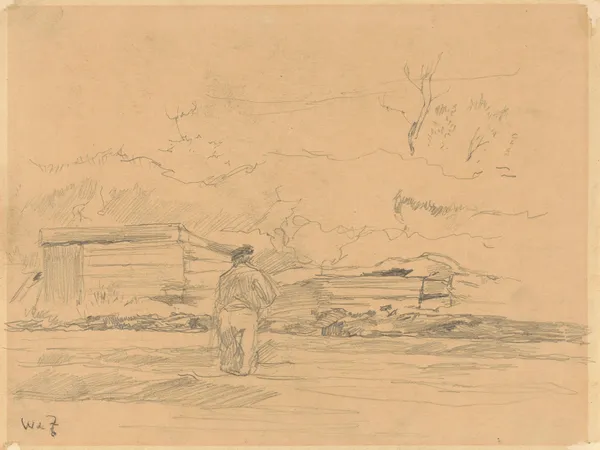 Landschap met man in het midden voor een schuurtje (20th century) av Willem de Zwart