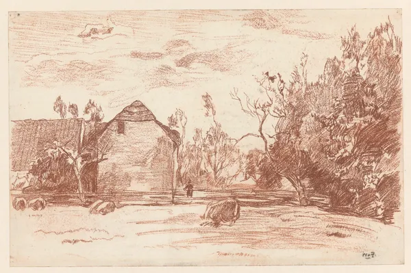 Weiland met grazend vee, links een boerderij (20th century) av Willem de Zwart