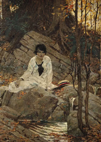 Seated Woman With a Hat av Dean Cornwell