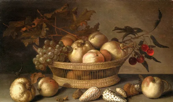 A Basket With Cherries, Apples, Peaches And A Bunch Of Grapes, Surrounded By Apples, Peaches, Shells, Bees And A Dragonfly av Balthasar van der Ast