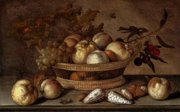 A basket with cherries, apples, peaches and a bunch of grapes, surrounded by apples, peaches, shells, bees and a dragonfly av Balthasar van der Ast