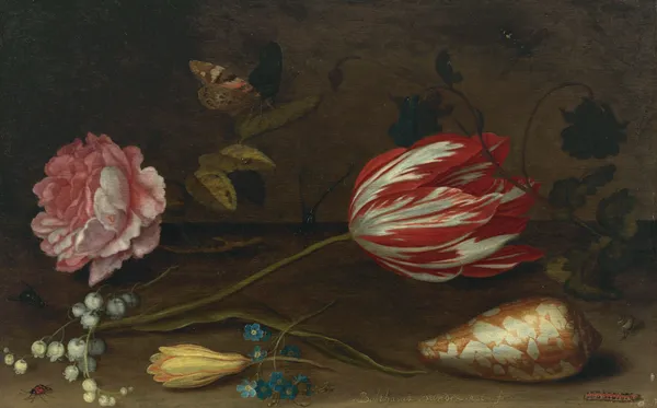 A rose, a tulip, insects, and a shell on a ledge av Balthasar van der Ast