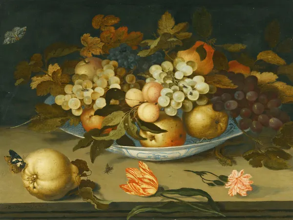 A Still Life With A Delft Bowl Containing Fruit, On A Ledge With Flowers, Insects And A Lizard av Balthasar van der Ast