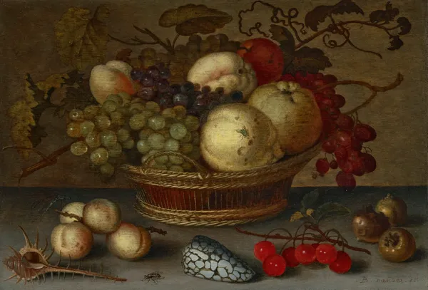 Apples and grapes in a basket, with fruit and shells on a stone ledge av Balthasar van der Ast