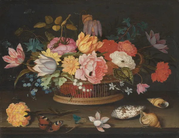 Flowers in a wicker basket on a table av Balthasar van der Ast