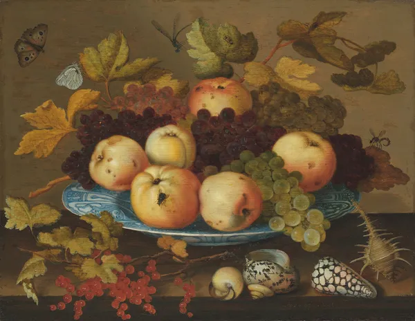 Fruit in a wan-li porcelain dish on a table av Balthasar van der Ast