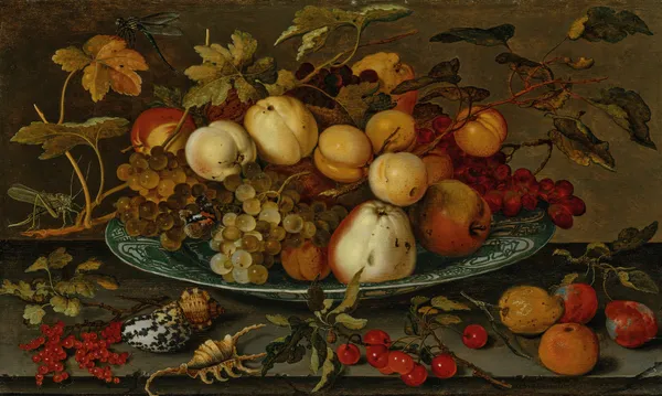 Grapes, peaches, apples and plums in a wan-li bowl on a ledge, with shells, a grasshopper and other fruit av Balthasar van der Ast