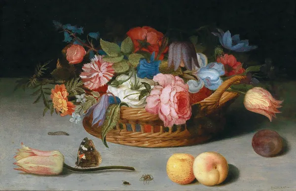 Roses, tulips, irises and other flowers in a wicker basket, with fruit and insects on a ledge av Balthasar van der Ast