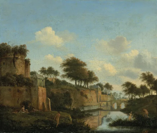 A fortified town with figures bathing av Jan van der Heyden