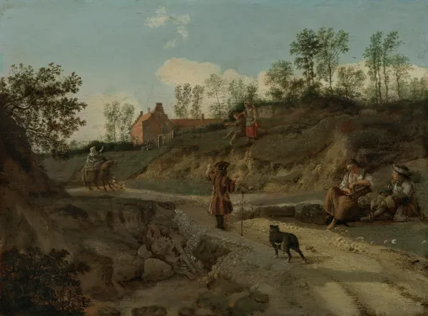 A rural landscape, with figures conversing av Jan van der Heyden