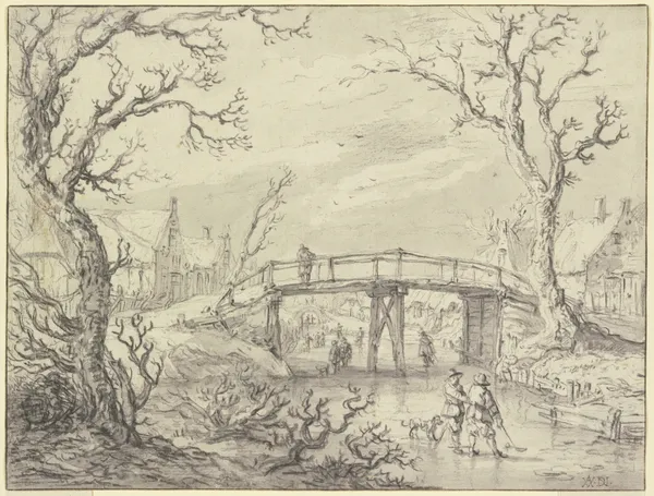 Über einen zugefrorenen Kanal bei einem Dorf eine Holzbrücke, vorne zwei Männer mit einem Hund av Aert van der Neer