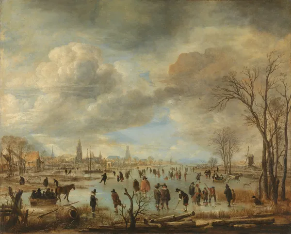 Winter Landscape near a Town with Kolf Players and Horse-Drawn Sleighs av Aert van der Neer
