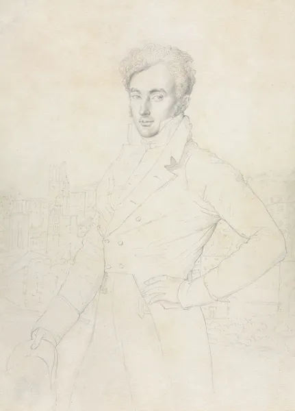 Portrait of a Young Man Standing on the Quirinal with the Turris Comitum in the Background av Jean Auguste Dominique Ingres