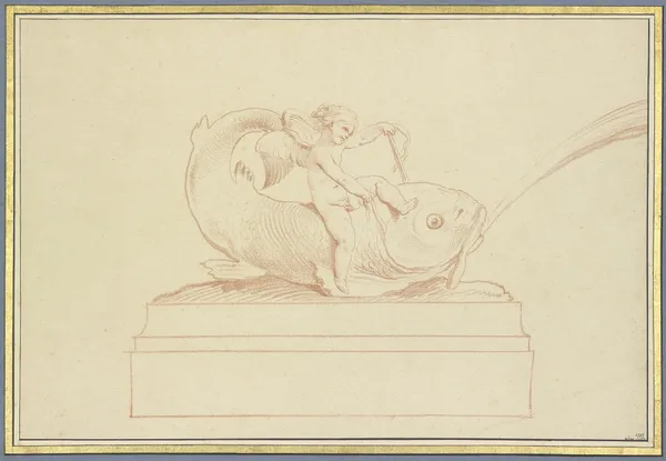 Wasser speiender Delphin nach links mit einer Amorette av Edmé Bouchardon