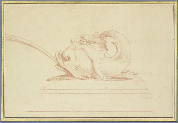 Wasser speiender Delphin nach rechts mit einer Amorette av Edmé Bouchardon