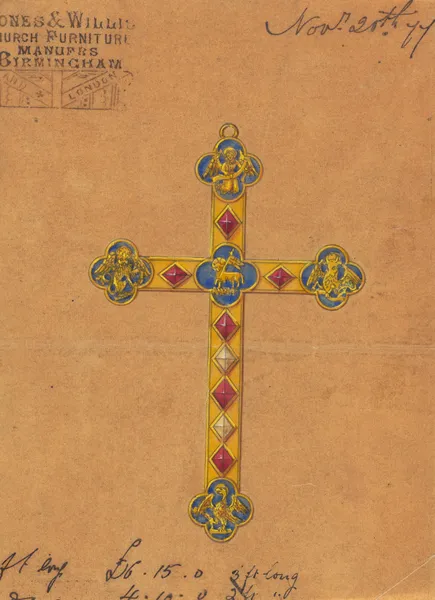 Design executed for Jones and Willis, metal and wood-workers and church furniture manufacturers of Birmingham and London av George Edmund Street