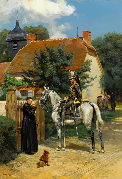 A halt in the village av Jean-Baptiste Édouard Detaille