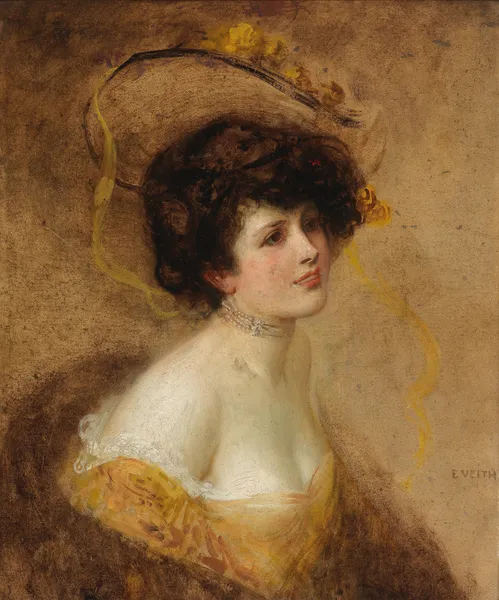 Dame mit Hut in gelbem Kleid av Eduard Veith