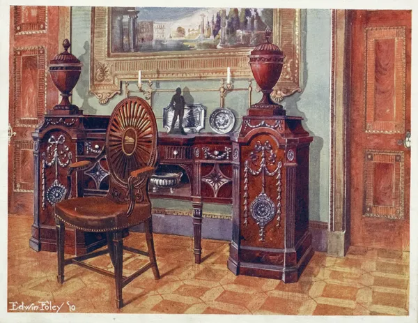 Carved mahogany pedestal sideboard, Oval wheel-back master’s chair av Edwin Foley