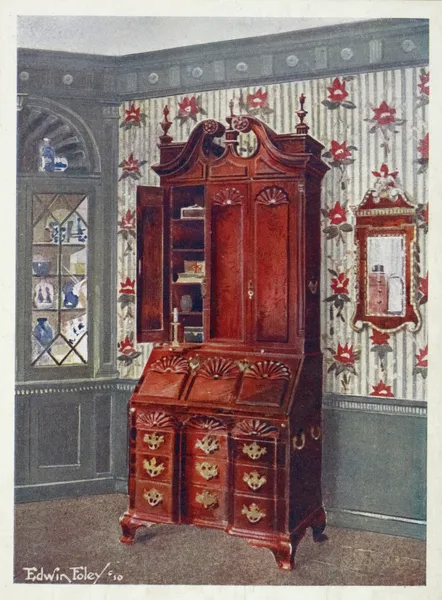 Mahogany cabinet-topped block-front scrutoir, Mahogany and gilt constitution mirror av Edwin Foley