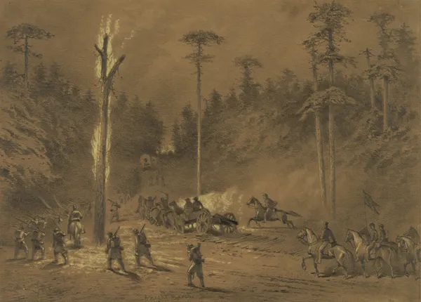 A night march. The army going into action through the woods av Edwin Forbes
