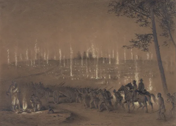 Going into bivouac at night av Edwin Forbes