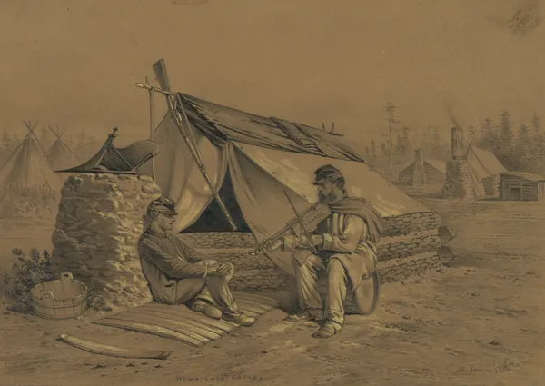 Home, sweet home. A scene in winter camp av Edwin Forbes