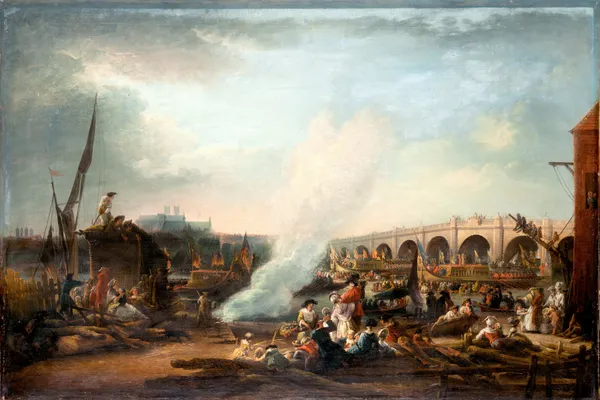 Westminster Bridge and the Thames Procession of King Christian VII of Denmark in 1769 av Elias Martin