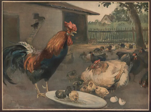 Rooster, hen and chickens av Emil Schmidt
