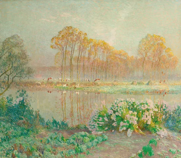 Landscape with pond and blooms av Emile Claus