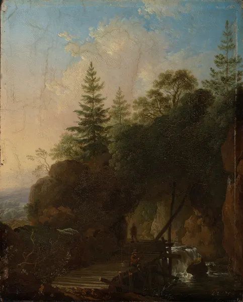Gebirgslandschaft mit Wasserfall und hölzerner Brücke av Christian Wilhelm Ernst Dietrich
