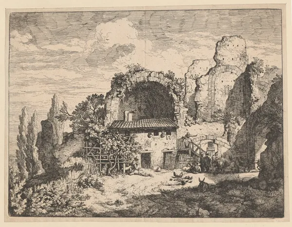 Landscape with ruins and farm buildings av Christian Wilhelm Ernst Dietrich