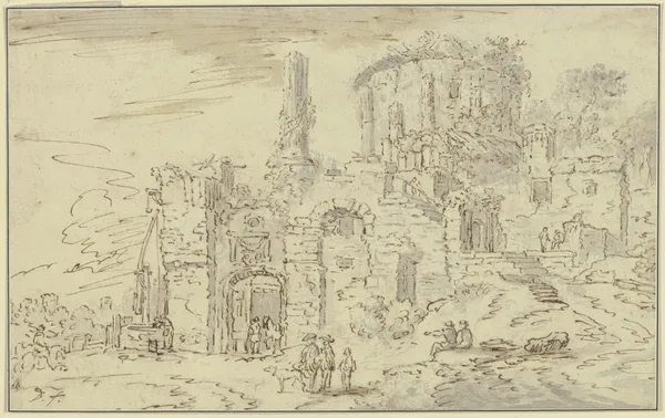 Ruinen von Tempelgebäuden in einer Landschaft av Christian Wilhelm Ernst Dietrich