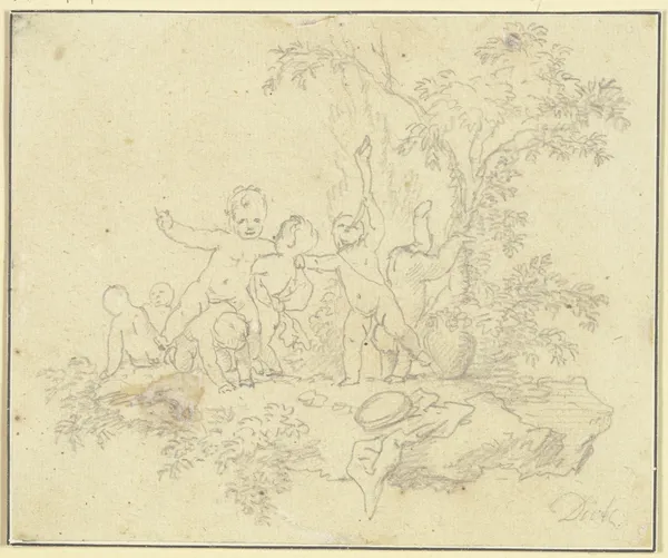 Sieben spielende Putten unter einem Baum av Christian Wilhelm Ernst Dietrich