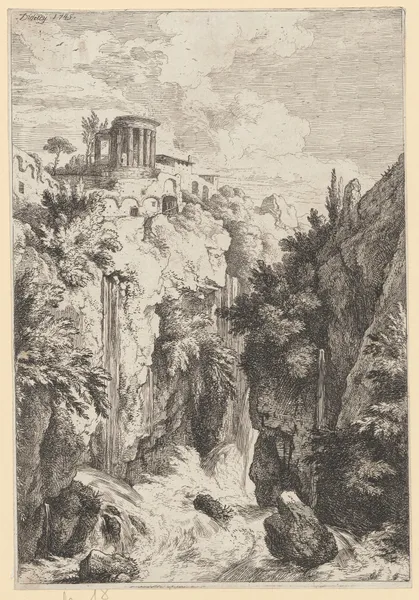 Waterfall and Temple of the Sibyl in Tivoli av Christian Wilhelm Ernst Dietrich