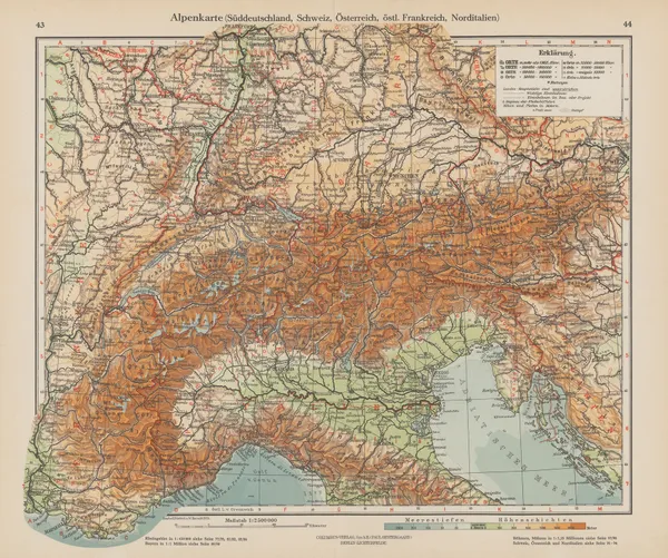 Alpenkarte (Suddeutschland, Schweiz, Osterreich, ostl. Franreich, Norditalien) av Ernst Friedrich