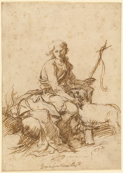 The Youthful Saint John the Baptist Seated in a Landscape av Bartolomé Estebán Murillo
