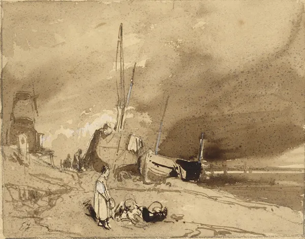 Bord de Plage (Fishing-boats on a beach, storm clouds in the distance) av Eugène Isabey