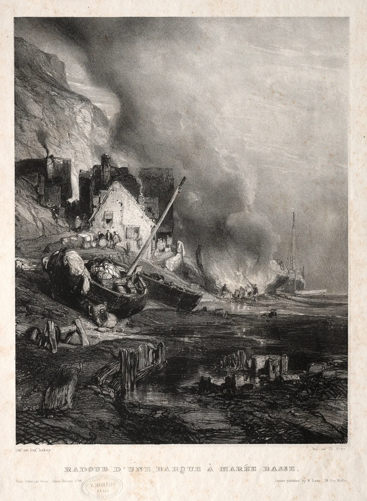 Radoub d’une barque à marée basse av Eugène Isabey