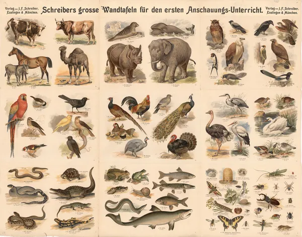 9 pictures with domestic and wild animals av J.F. Schreiber