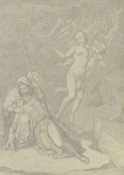 Francesca und Paolo, gemeinsam im zweiten Höllenkreis schwebend, links der klagende Dante, von Vergil getröstet av Ferdinand Fellner