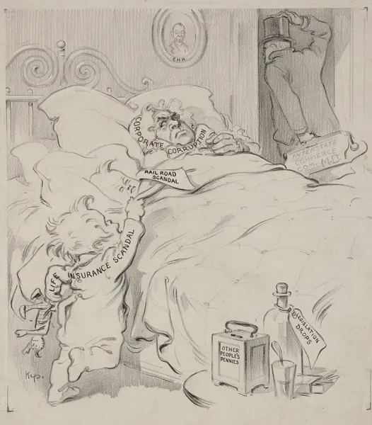 Two toddlers, ‘Life Insurance Scandal’ and ‘Rail Road Scandal,’ climb into bed with ‘Corporate Corruption’ av Joseph Ferdinand Keppler