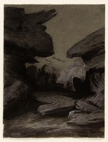Cérémonie dans les rochers Etude de deux hommes dont l’un avec une épée av Fernand Cormon