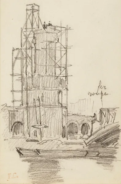 Tour en construction au bord d’un fleuve av Fernand Cormon