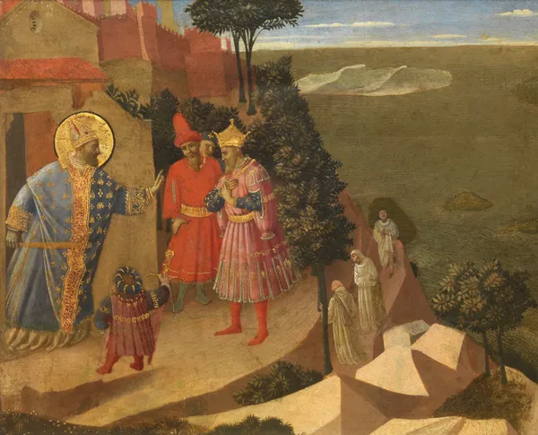 Saint Romuald Refuses Emperor Otto III Admission to the Church av Fra Angelico